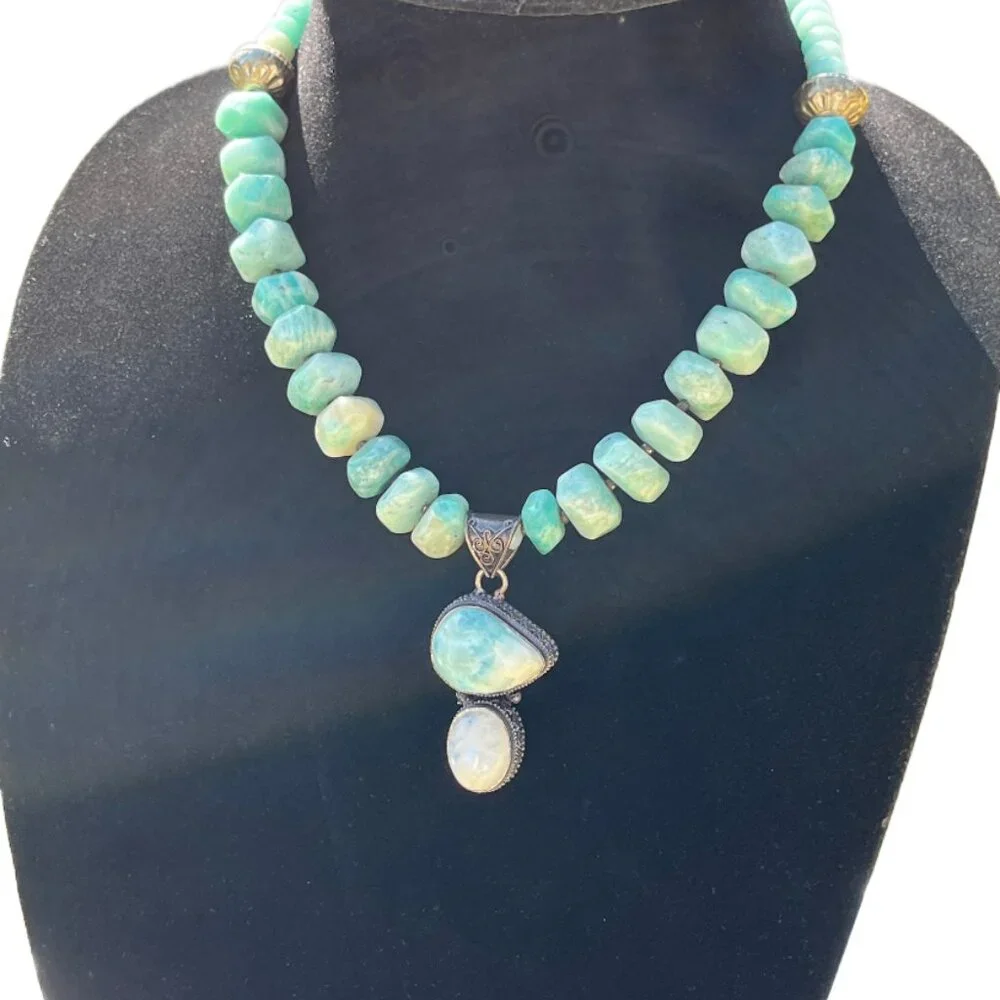 Handcrafted Amazonite, Larimar and Moonstone Beaded Necklace Bronze Tone Accents - Picture 9 of 11